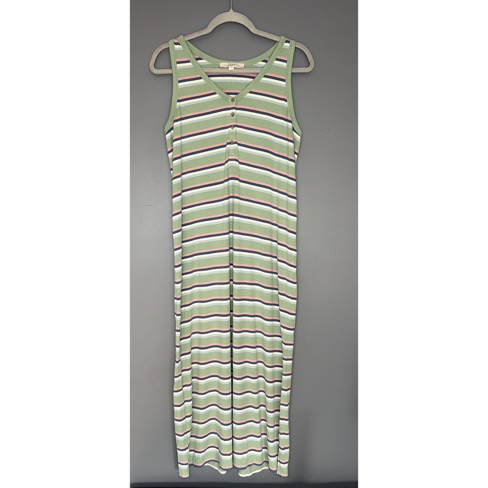 LOFT Dress Womens L Green Stripe Ribbed Soft Jersey Knit Henley Tank Midi Summer